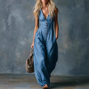 Casual Retro Denim Jumpsuit Sleeveless V Neck Wide Leg Jumpsuits Wholesale <strong>Loose</strong> Bohemian One Piece Rompers for Women Overalls - Product Image 1