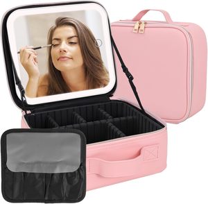 Trousse de maquillage avec miroir LED, sac de rangement pour maquillage, trousse de maquillage de voyage avec miroir <span class=keywords><strong>rechargeable</strong></span>, 3 couleurs de lumière, miroir détachable - Product Image 1
