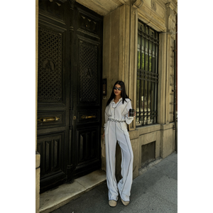 Conjunto de blusa y pantalones con ribetes para mujer, chenilla blanca, manga larga, informal, para todas las estaciones - Product Image 2