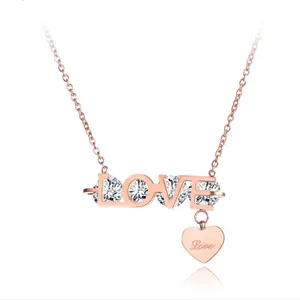 Trendy Office Style Stainless Steel Luv Heart Pendant Necklaces Jewelry CZ Crystal Anniversary Necklace For Women