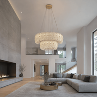 Collection de lustres en verre texturé de luxe avec gouttes de cristal facettées, design botanique à étages, LED à intensité variable, garantie de 2 ans