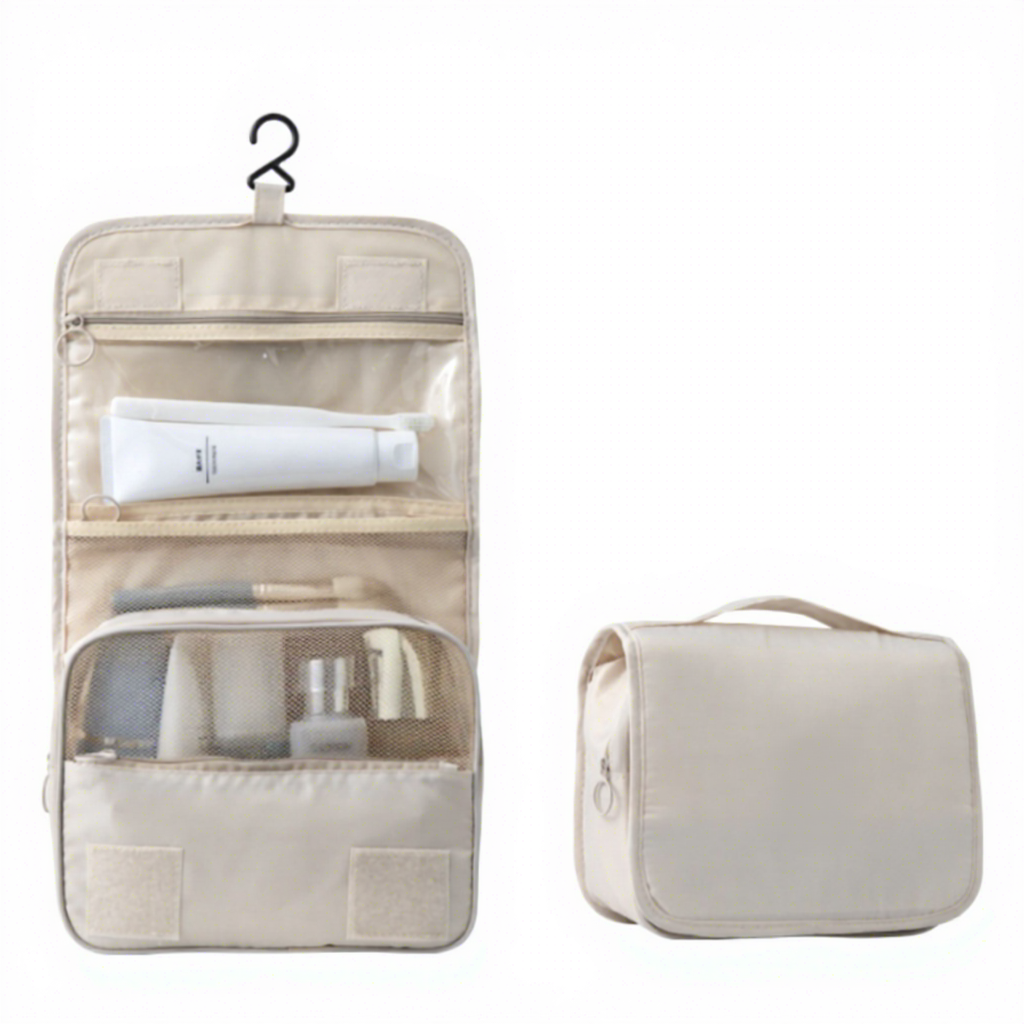 กระเป๋าใส่เครื่องสำอางสีเบจ ความจุขนาดใหญ่ ดีไซน์สวยงาม