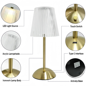 <span class=keywords><strong>Lámparas</strong></span> <span class=keywords><strong>de</strong></span> Mesa LED <span class=keywords><strong>de</strong></span> Lujo Inalámbricas Recargables con Función Táctil, Funcionamiento a Batería, con Pantalla <span class=keywords><strong>de</strong></span> <span class=keywords><strong>Cristal</strong></span> Dorado <span class=keywords><strong>Vintage</strong></span>, Regulables, para Restaurante - Product Image 3