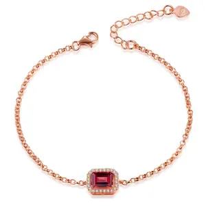 Fancy Cheap Rose Gold Plated S925 Rectangular Shape Red Garnet Charm Chain Bracelet for Girls HI001