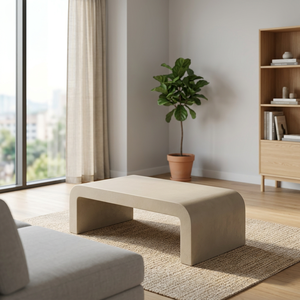 Table basse moderne en résine, design minimaliste, meuble de salon durable, couleur beige clair - Product Image 1