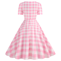 Robe pour filles écologique, jeune et charmante, maxi en crochet à carreaux roses, style doux avec taille naturelle, taille unique