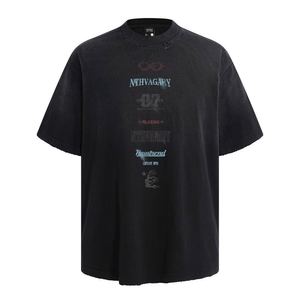 Wholesale Custom Vintage Washed T-Shirt, <b>Distressed</b> Ripped Neck Multi Font Print Oversized Streetwear <b>Top</b> - Product Image 1
