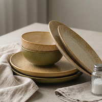 Vaisselle en céramique de style japonais en porcelaine avec assiette rectangulaire personnalisée de couleur brun verdâtre réactif, bols à salade ronds, tasse à café