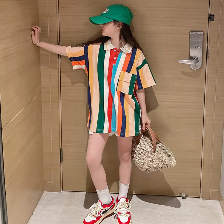 2023 Summer Big Girl Rainbow Color Striped Dress Shirt Polo Shirt 5-15 Years