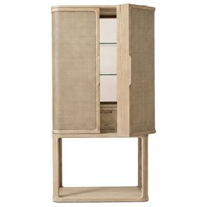 European Oak Wood <b>Bar</b> Cabinet with Handwoven Cane Panels <b>LED</b> <b>Lighting</b> for Luxury Home Hospitality Projects - Product Image 1