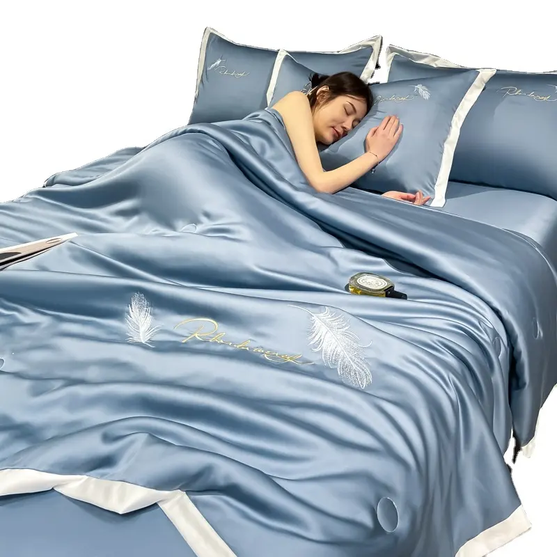 RTS-edredón de seda lavada con bordado de plumas, edredón de microfibra, conjunto de fundas de almohada, 3 uds.
