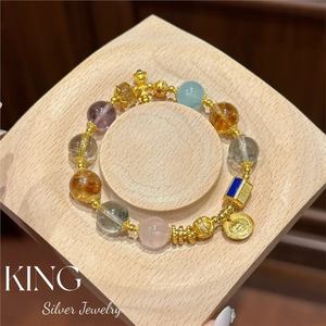 King Silver Jewelry Crystal <b>Bracelet</b> S925 Gold Plated Multicolor Natural Stone Unisex Everyday Wear - Product Image 2