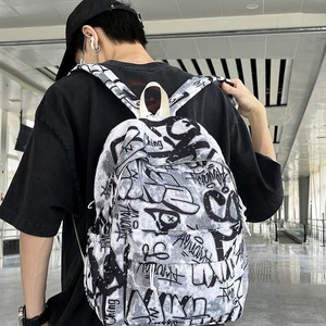 Canvas <b>Backpack</b> <b>For</b> Students 16 Inch <b>Laptop</b> Compartment Neutral Gender Everyday Use Spring 2025 Gray And Black Geometric Pattern - Product Image 2