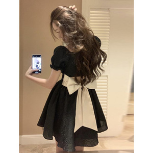 Women's Summer Puff Sleeve Dress Square Neck Little Black Dress With Back Bow Short Skirt Breathable Cocktail Dress - Product Image 1