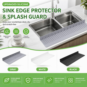 Sink Splash Guard for Kitchen Bathroom Countertop L Shape <b>Silicone</b> Drain Tray Non Slip Splash Pad with Drainage Ribs - Product Image 1