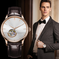 Montre mécanique à cadran squelette sertie de diamants, 41 mm, verre 20 mm, luxe minimaliste, bracelet en cuir pour couple, coffret cadeau