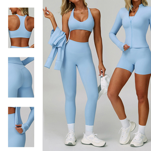 Conjuntos Deportivos de 4 Piezas para Mujer, Personalizados, <span class=keywords><strong>S</strong></span>ólidos, Ligeros, de Cintura Alta Elástica, Transpirables, con Logotipo Frontal, para Gimnasio, Yoga, Pilates y Entrenamiento - Product Image 2