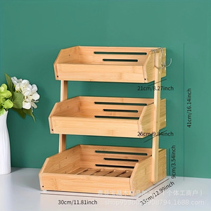 Wooden Storage Rack 30x21x26.5cm 3 Tier Stackable <b>Kitchen</b> Fruit Vegetable Draining Rack - Product Image 3