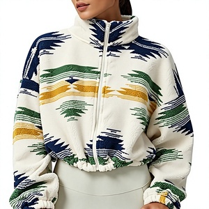 Cropped <b>Fleece</b> <b>Jacket</b> Women Stand Collar Zip Up Full Sleeve Geometric Print Soft <b>Warm</b> Autumn Outerwear - Product Image 1