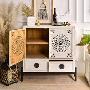 INNOVA Living Room Home <b>Bar</b> Storage <b>Cabinet</b> White Wooden Accent Sideboard 2 Drawers Modern Elegant Flower Carving Apartment Use - Product Image 3