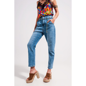 กางเกงยีนส์ทรงตรงเอวสูงแต่งเข็มขัด สีไลท์วอช - Product Image 5