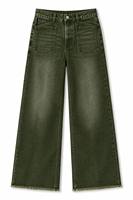 Jean pour femme taille haute, coupe large, vert olive, grandes poches plaquées, ourlet brut, délavage vintage, style baggy