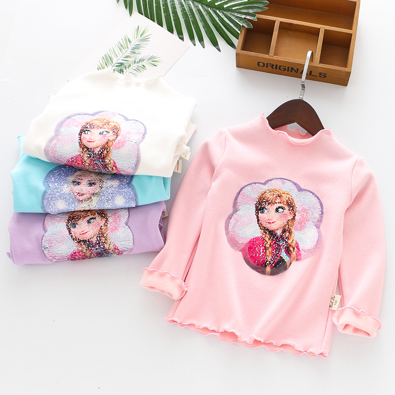 CTR-022 принцессы, расшитые блестками, с длинными рукавами и принтом подстежка на искусственном меху, пуловер для маленьких девочек с начесом, с мехом внутри, теплые зимние детские топы, рубашки для мальчиков