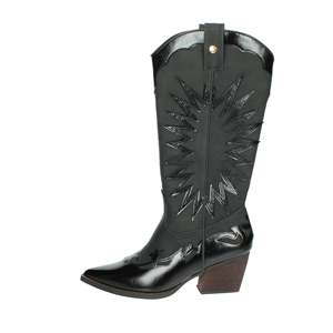 Bottines de cow-boy noires pour femmes, mi-mollet, avec design cousu et talon bloc - Product Image 1