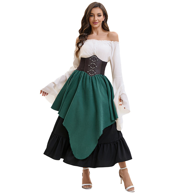 Top blanco con cintura ceñida y falda midi verde