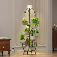 Support à plantes à 6 niveaux de 67,24 po avec éclairage LED pour plantes, étagère à fleurs en bois et métal avec crochets, grande étagère d'angle pour plantes d'intérieur