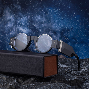 Lunettes de soleil Cyberpunk à monture ronde pour hommes, noires, UV400, verres PC, monture en plastique et métal, style punk rétro, avec boîte - Product Image 5
