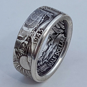 H327 Gold Vintage <b>Coin</b> <b>Ring</b> Half Dollar 1945 Unisex Everyday Wear Fine Jewelry - Product Image 3