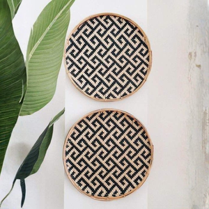 Set of 2 Geometric Woven <b>Wall</b> Baskets Black and Natural Seagrass Round <b>Wall</b> Plates <b>Boho</b> Handmade <b>Hanging</b> Home Decor - Product Image 1