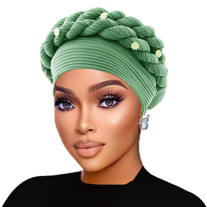 Turban <span class=keywords><strong>africain</strong></span> tressé à la main avec perles, <span class=keywords><strong>chapeau</strong></span> en polyester extensible élégant pour femme, pré-coiffé pour mariage et fête - Product Image 1
