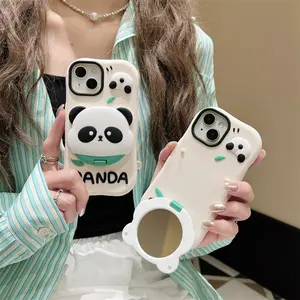Creative 3d Cute Big headed Pandas Mirror Bracket Soft Silicone Phone Case For Iphone 12 13 14 15 Pro Max 15pro 11 Cover