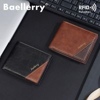 Dompet Kartu Pendek Fungsional Kulit PU Jahitan Minimalis Dua Lipat Baellerry, Dompet Koin Pria, Dompet Rfid Kecil Tipis