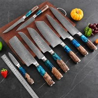 Ensemble de couteaux de cuisine Damas 9 pièces, manche en bois de résine bleue, couteaux de chef professionnels, ensemble de couverts tranchants, coffret cadeau personnalisé, vente chaude