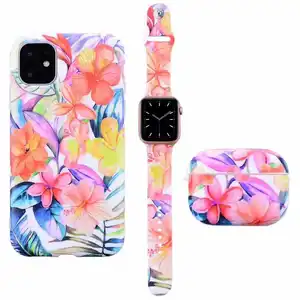 Conjunto 3 em 1 de bandas de TPU Soft Series para Apple iwatch, fones de ouvido 38/40/41mm 42/44/45mm + capa de telefone