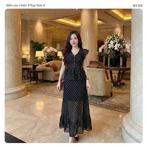 Women’s Polka Dot Chiffon Two Piece Set V Neck Flutter Sleeve Peplum <b>Top</b> Maxi Skirt Co Ord Set OEM ODM Wholesale Vietnam - Product Image 5