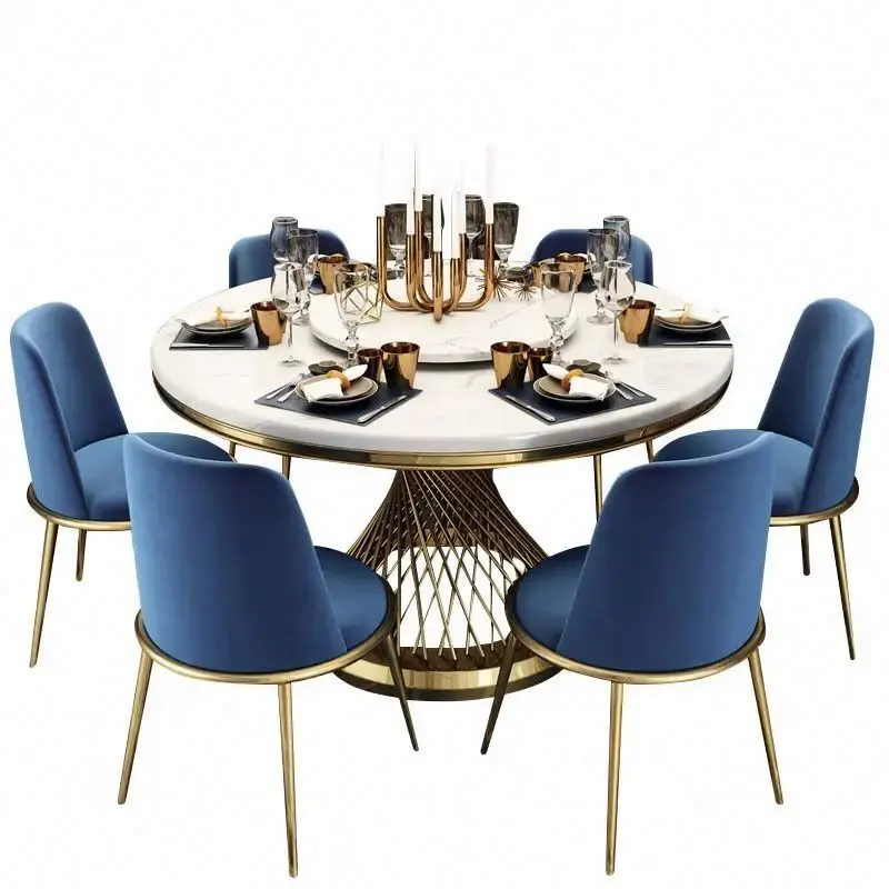 Moderne Wit Licht Luxe Roestvrijstalen Marmeren Rotsplaat Brandstenen Ronde Tafel Set Met Draaitafel Aanrecht Hotel