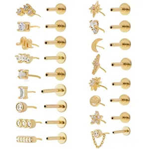 925 sterling Silver threadless đẩy trong môi Vòng mạ Vàng phẳng trở lại CZ Đá earing Tai xuyên sụn tragus Stud Bông tai