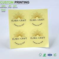 Autocollant transparent circulaire effet soleil, logo personnalisé, design rayons dorés pour marque, étiquette autocollante découpée imperméable pour impression de produits