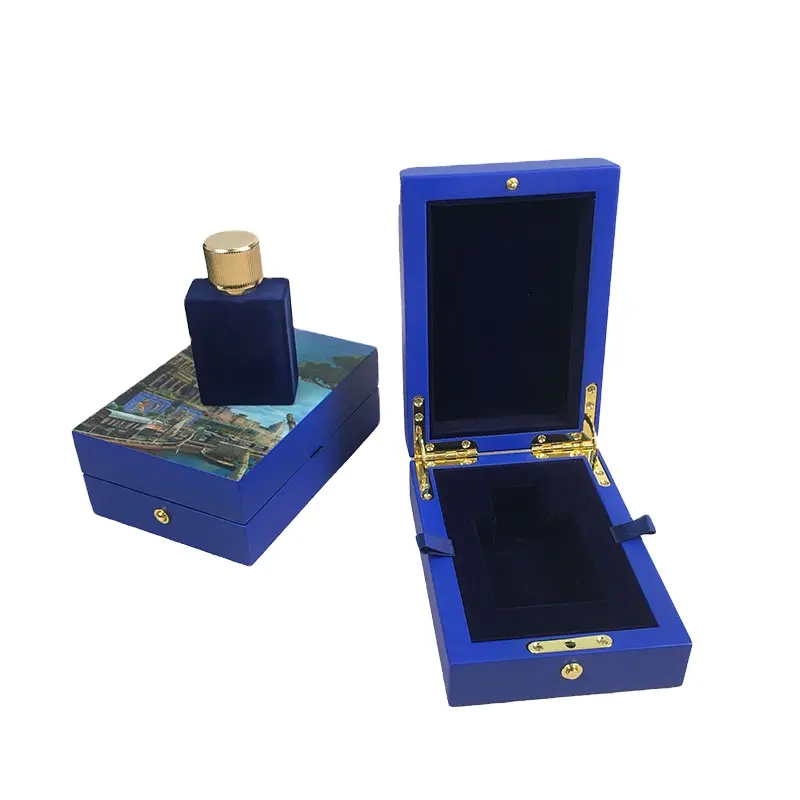 MDF Botol Parfum Mewah Kotak Penyimpanan Kayu Kotak Kosmetik Kemasan Hadiah Biru