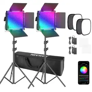 Neewer 2 Pak Lampu Video Led 530/ 660 PRO RGB, dengan Kit Kotak Lembut Kontrol Aplikasi, 360 Warna Penuh, Pencahayaan Video 50W CRI 97