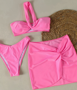 ชุดว่ายน้ำสตรี3ชิ้น7สีชุดบิกินี่และกระโปรงสไตล์บราซิลชุดบิกินี่และกระโปรงพันตัวหนึ่งไหล่ชุดว่ายน้ำมินิกระโปรงคลุม - Product Image 1