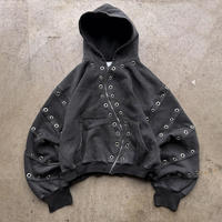 Sweat à capuche épais délavé à l'acide avec fermeture éclair diagonale, œillets métalliques, coupe oversize, en coton tricoté, streetwear d'hiver, broderie 3D, unisexe