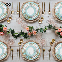 Ensemble de somptueuses assiettes en porcelaine à motifs floraux turquoises aux bords dorés