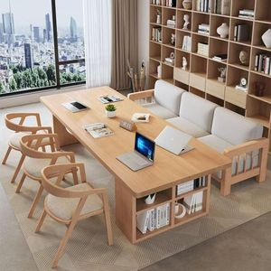 <b>Solid</b> <b>Wood</b> Integrated Desk And <b>Bookcase</b> One Line Office Study Table With Storage Shelf For Home Workspace DY78246 - Product Image 4