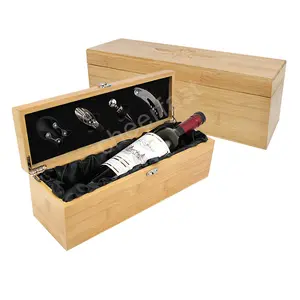 Cheerfast Piano Lacquer Wooden Wine Single Bottle Box And 4pcs Wine Accessories Set Bamboo Wood Wine Gift Box Set With Tools