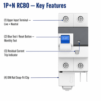 Disjoncteur différentiel RCBO sur rail DIN Wanbo-496 1P+N 30mA avec protection contre les surcharges et les courts-circuits, courbe C 6kA